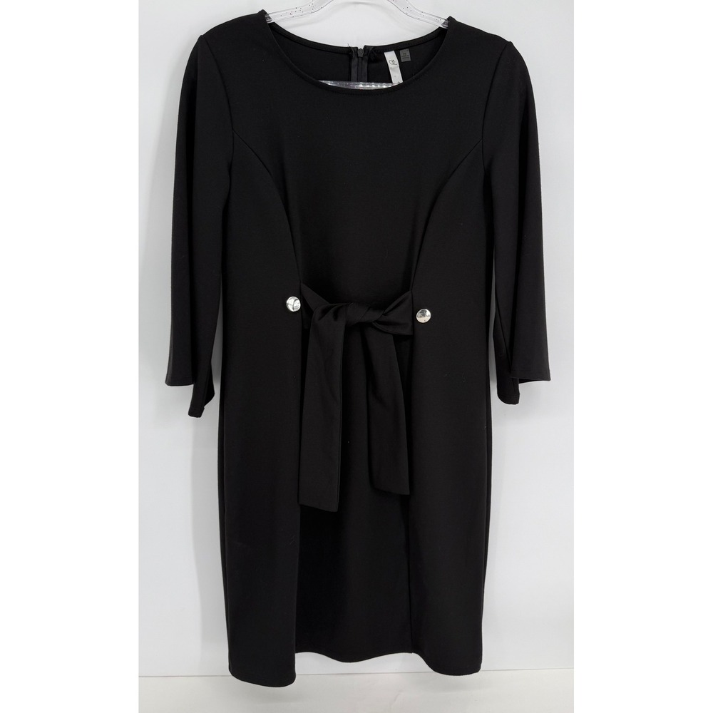 NY Collection Petite Black Tie Waist Sheath Dress 3/4 Sleeve Sz PS